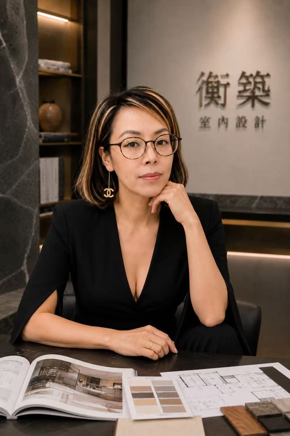 衡築設計室內設計師 Amy 於工作室內，桌面擺放設計圖面與材質樣品